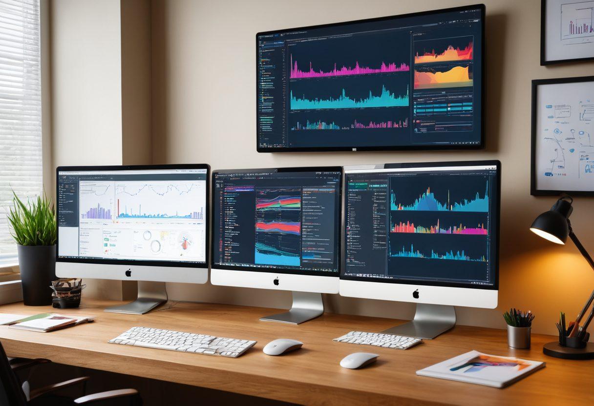A dynamic scene showcasing a variety of software tools on a sleek, modern workspace. Includes elements like a high-resolution monitor displaying code, graphics editing software, productivity apps, and flowcharts in use. Bright, organized, and inspiring. Contrasting colors to highlight the efficiency and robustness of the tools. super-realistic. vibrant colors.