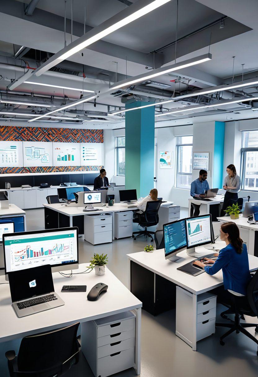 A modern office space bustling with activity, showcasing people working seamlessly with various digital tools like laptops, tablets, and smart screens. Highlight a central dashboard displaying analytics and streamlined workflows. Integrate geometric patterns symbolizing connectivity and efficiency. Vibrant colors. Super-realistic. White background.