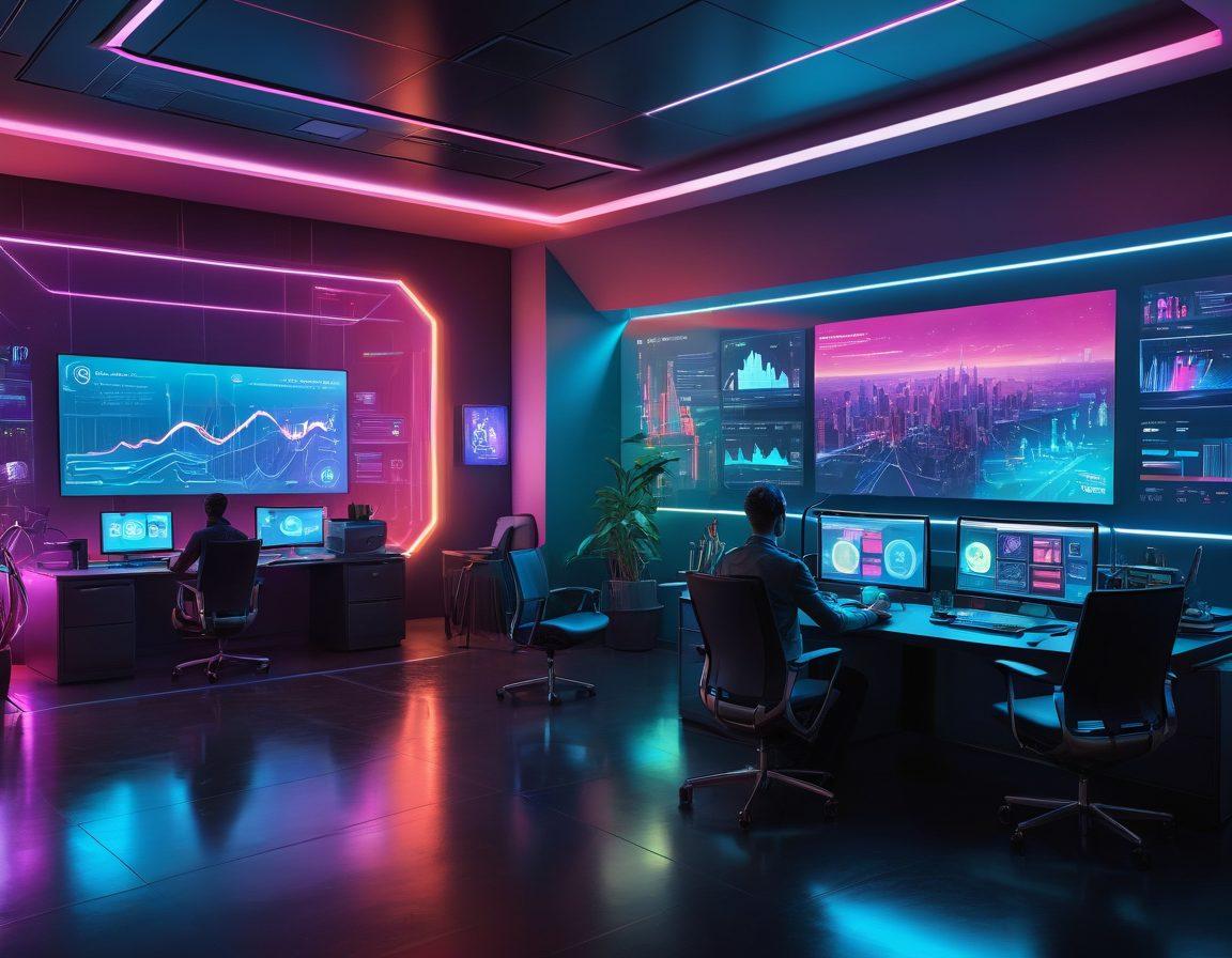 A futuristic office space with diverse professionals collaborating on sleek, holographic screens showcasing various digital tools and software solutions; vibrant charts, graphs, and UI elements illuminating the scene. The atmosphere exudes efficiency, innovation, and synergy. cyberpunk. super-realistic. vibrant colors.